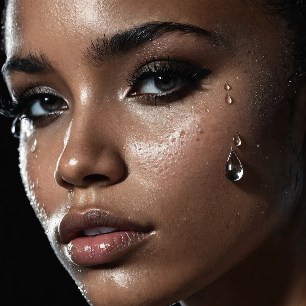 close up and zoomed in on a beautiful black girl with crying a water teardrop running down her face and a black background, close up on side profile only showing cheek and eyelight falling on face, ???? photorealism, mysterious portrait of a woman, chiaroscuro portrait, grainy black and white photo. close up on side profile, tinashe, zoe kravitz, zoomed in on tear drop