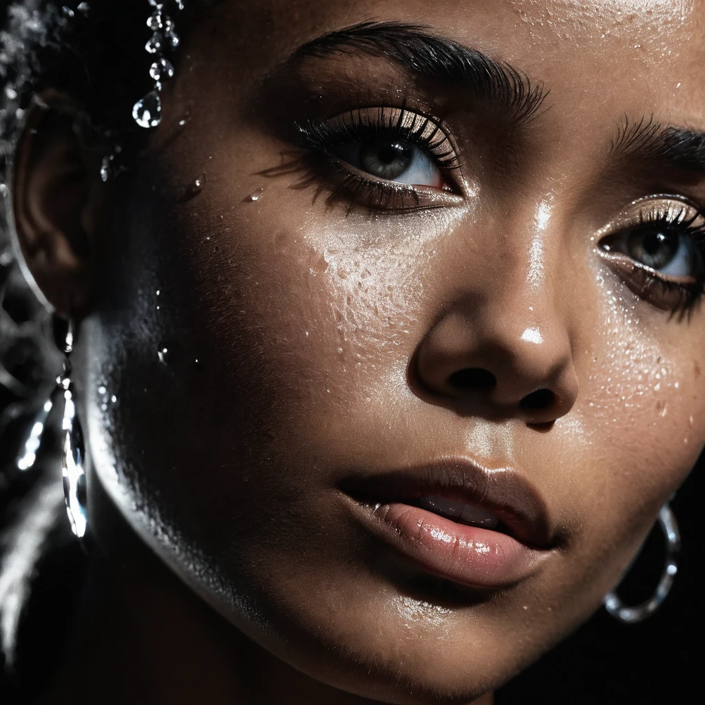 One hundred naked dark-skin women with exceptionally long hair and huge breasts playing outside. super detailed photography, Play of light in the sun rain, downpour, ((a drop of water falling from a height onto the surface of the water)), splashes, luminism, intricate, 4k concept art volumetric light, unrealistic engine, global illumination, detailed environment.