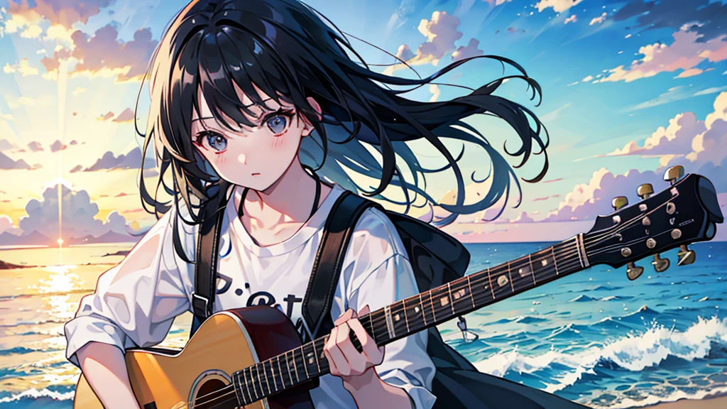 (Highest quality)、Seaside、One Woman、Black Hair、Anxious look、Playing guitar