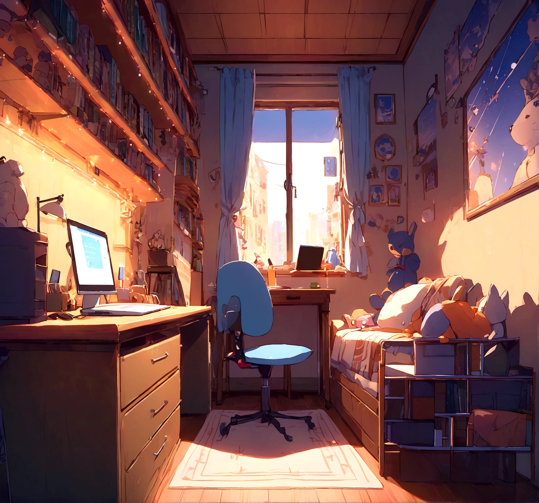 Small white bed、Wooden desk、Chair、laptop、White Matt、lamp、Bookshelf、closet、stuffed toy、window、Warm Light、background