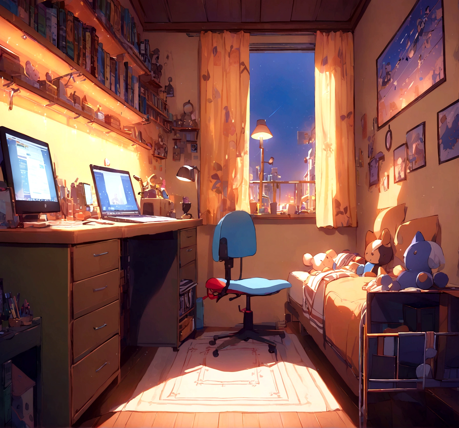 Small white bed、Wooden desk、Chair、laptop、White Matt、lamp、Bookshelf、closet、stuffed toy、window、Warm Light、background