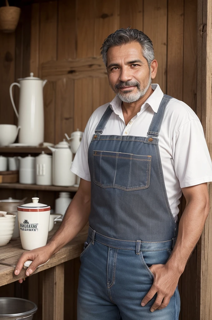 Create João Almeida, 52yo, owns dairy. Has a square face with wrinkles, short gray hair, thin beard and light brown eyes. Wear a plaid shirt, jeans, leather apron and work boots. Often seen on his farm, is dedicated, respected in the community and passionate about their work.