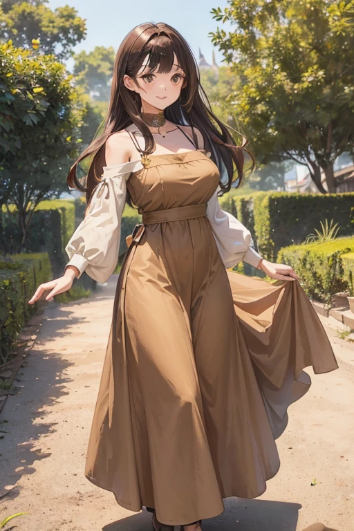 A straight haired brunette adult female standing on the ground, wearing loose brown plain dress with cuff sleeves, low neckline, medieval, brown hair, large long shaped tits, silly personalty, cute happy demeanor, sunny disposition, deredere,