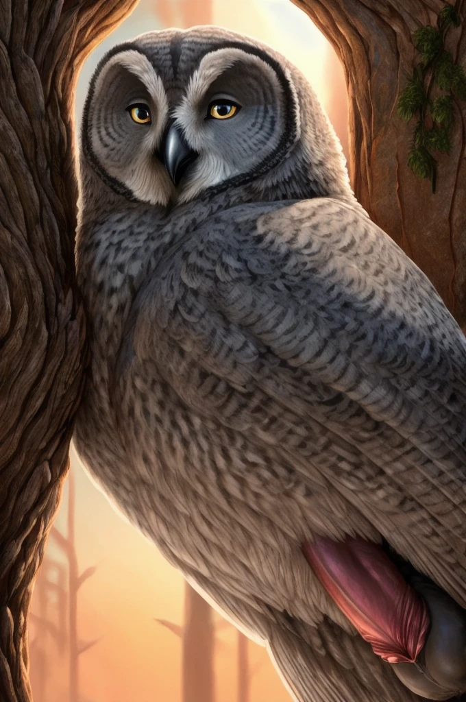 High dynamic range, vivid, rich details, clear shadows and highlights, realistic, intense, enhanced contrast, highly detailed . magnificent, great gray owl, owl, watching at viewer, art, male, best quality, masterpiece, nsfw, cock, hung, balls, hard penis, erection, twilight, e621, furry, yiff, 