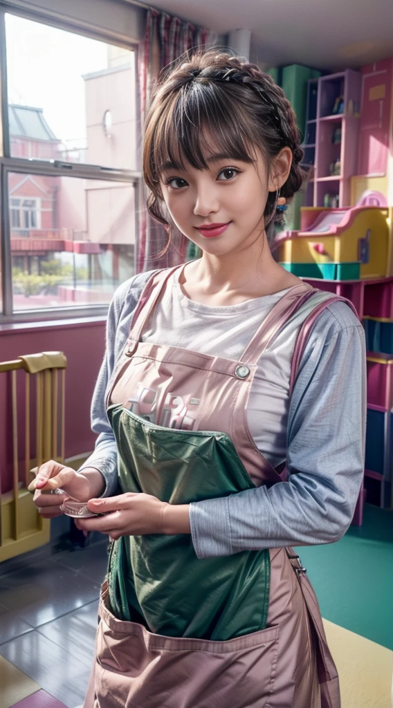 Browsing Caution:1.35、close range、Beautiful woman、cute、((Female Nursery Teacher))、smile、Extra Very Short Hair、((Delicate photo))，(Detailed RAW photos of girls), (Tabletop:1.0), (Highest quality:1.6), (Ultra-high resolution:1.5), (Realistic:1.75), 8K resolution, Absurd, Ultra-detailed,Cinema Lighting,、nursery school、Braid、((Wearing an apron:1.2))、(Hairstyle with bangs)、Long sleeve T-shirt、((Colorful kids room:1.1))、((Lots of toys:1.))、Pleated skirt、((cute壁紙の部屋))、