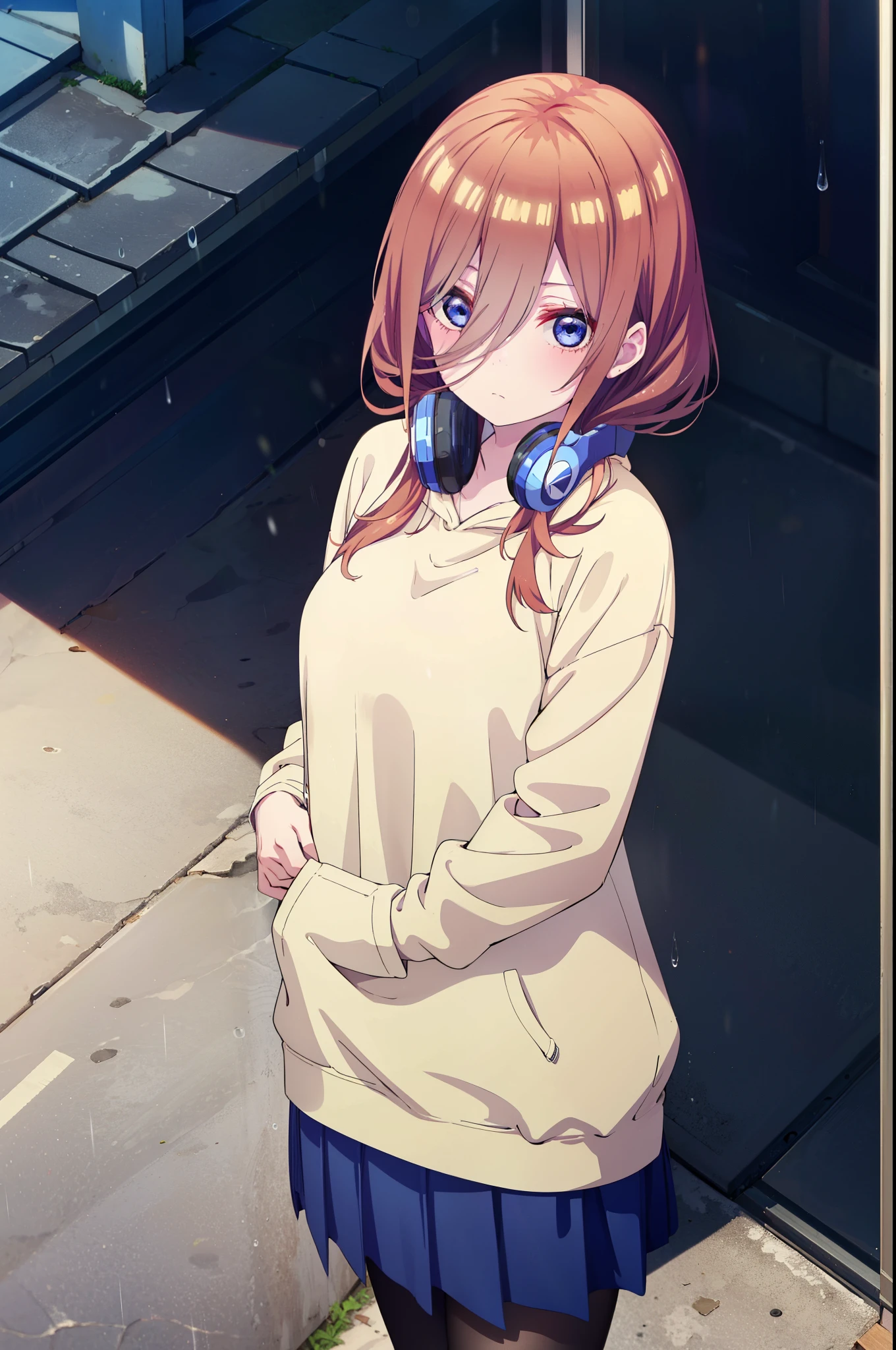 miku nakano, Nakano Miku Ticket III, Long Hair, bangs, blue eyes, Brown Hair, Hair between the eyes,Headphones around neck,Oversized blue hoodie,Long skirt,Black pantyhose,sneakers,rain,Hiding in a roofed building,Standing with my back against the wall,whole bodyがイラストに入るように,
break outdoors, Alley,
break looking at viewer, whole body,
break (masterpiece:1.2), Highest quality, High resolution, unity 8k wallpaper, (figure:0.8), (Beautiful attention to detail:1.6), Highly detailed face, Perfect lighting, Highly detailed CG, (Perfect hands, Perfect Anatomy),