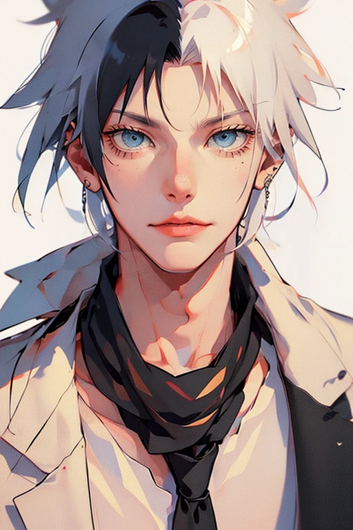 1 male (tall man, slim, manly, dominate,  half black colored-hair and half white colored- hair, yellow-colored-eyes, tough, wearing a sci-fi outfit, has 1 earring.) best quality, ultra-detailed, illustration, complex, detailed, extremely detailed, detailed face, soft light, soft focus, perfect face, illustration: Full Body