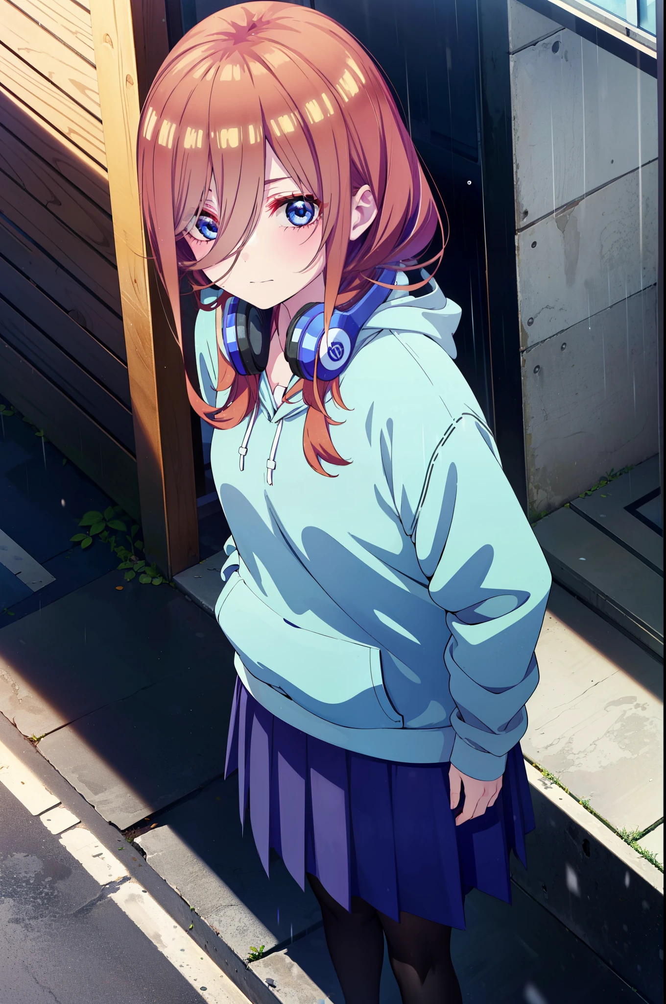 miku nakano, Nakano Miku Ticket III, Long Hair, bangs, blue eyes, Brown Hair, Hair between the eyes,Headphones around neck,Oversized blue hoodie,Long skirt,Black pantyhose,sneakers,rain,Hiding in a roofed building,Standing with my back against the wall,whole bodyがイラストに入るように,
break outdoors, Alley,
break looking at viewer, whole body,
break (masterpiece:1.2), Highest quality, High resolution, unity 8k wallpaper, (figure:0.8), (Beautiful attention to detail:1.6), Highly detailed face, Perfect lighting, Highly detailed CG, (Perfect hands, Perfect Anatomy),