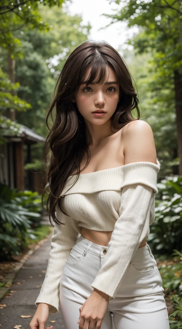 8K, Highest quality, masterpiece, Very detailed, Semi-realistic, girl, girl, 20-year-old, Look at your hands, Long dark brown hair with bangs, Curly Hair, Green Eyes, Black Japanese-style cut clothes, White pants, Bare shoulders, golden details, Thin body type, Cold look, Battle Scenes, Outdoor, Forest Background, Lots of trees and dark skies
