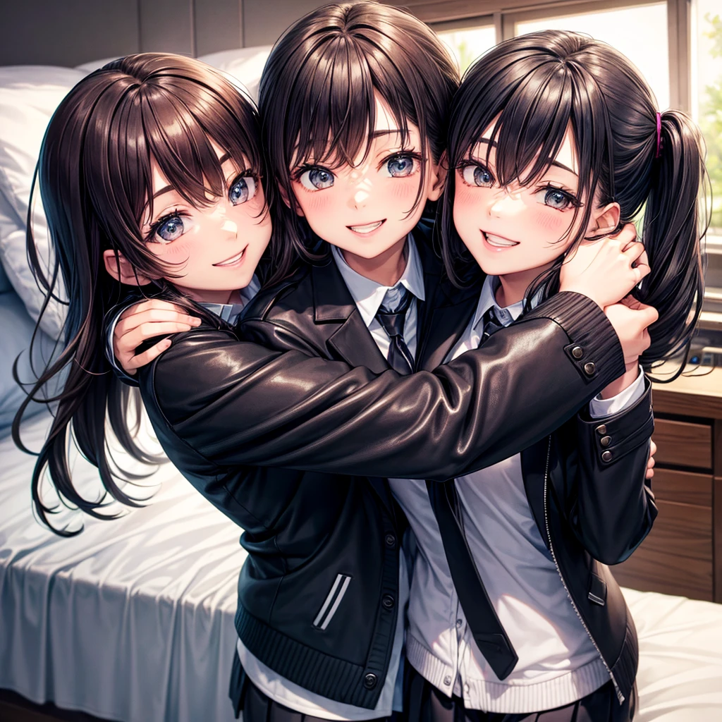 best quality,8K,smile,cardigan,uniform,blazer,いuniform,cardigan,Girls hugging each other,bed,Boyfriend's house,Evolution Fashion,future fashion,blazer,ribbon on uniform,mini skirt,high school girl,multiple girls are depicted,harem,idol group,photo shoot,long hair,wearing a cardigan,highest quality,big breasts,happy girl,horny girl,pink eyes,perfect face,standing position,I have my hands in my pockets,letting down one's Bangs,beautiful eyes,gym,girls hugging each other,smooth hair,multicolored hair colors,naughty girl,beautiful girl,beautiful girl,loose socks