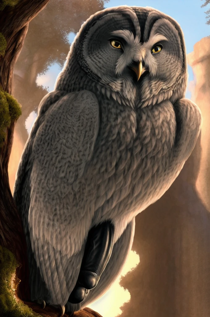 High dynamic range, vivid, rich details, clear shadows and highlights, realistic, intense, enhanced contrast, highly detailed . magnificent, great gray owl, owl, watching at viewer, art, male, best quality, masterpiece, nsfw, cock, hung, balls, hard penis, erection, twilight, e621, furry, yiff, 