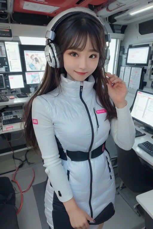 masterpiece, Highest quality, Very detailed, 8K Portrait,Japanese Android Girl,plump , Control panel,Robotic arms and legs, Blunt bangs,,break (Metallic Gray, Metallic luster, Mirror finish, Astro Best):5,headphone:5,break (Black sleeves):100,Smart Watches,Futuristic space station,Control Room,break headphone,blue eyes,(Black Hair):2,(Long Hair):1.3,Displaying the viewer,(respirator),break blush:3,Hidden Hand,smile