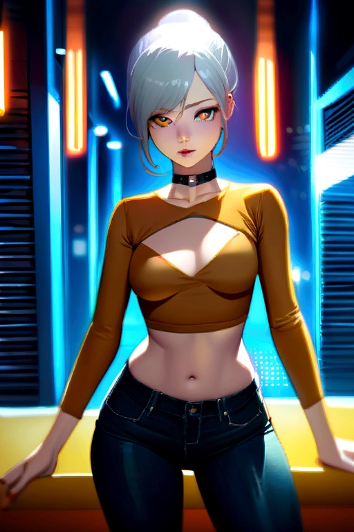 Beautiful gray-haired woman shows herself with a slender figure, she is wearing a nsfw cropped sweater and skinny jeans, choker, sexy look, long thin ponytail, pretty eyes, girl in nightlife ,sexy session, pose sexy, calca shot, Superior quality, many details, realist