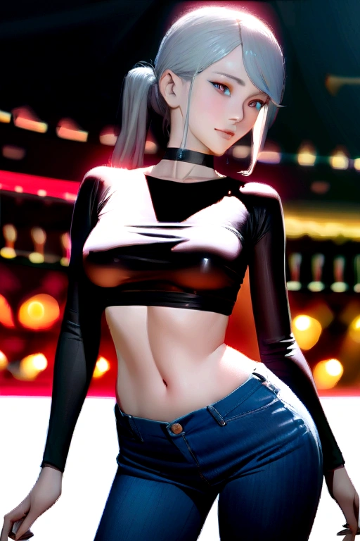 Beautiful gray-haired woman shows herself with a slender figure, she is wearing a nsfw cropped sweater and skinny jeans, choker, sexy look, long thin ponytail, pretty eyes, girl in nightlife ,sexy session, pose sexy, calca shot, Superior quality, many details, realist