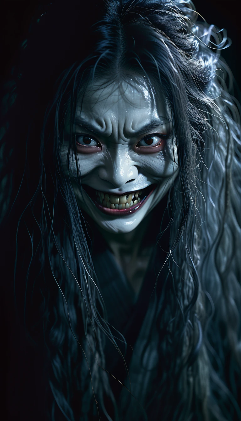 Ultra-detailed, master piece, (best quality:1.5), (high resolution:1.5),  (midnight: 1.5), Edo period, On a black background, a very scary and grotesque-looking woman has a ghostly face with long flowing hair, smiling evilly and scaring people. ,ultra-realistic, cinematic, high detail
, youkai, Japan, (Super Scary: 1.5), Japanese Horror, Hyper Realistic, Cinematic, Dark Ambient, Ominous Atmosphere, Realistic, Masterpiece