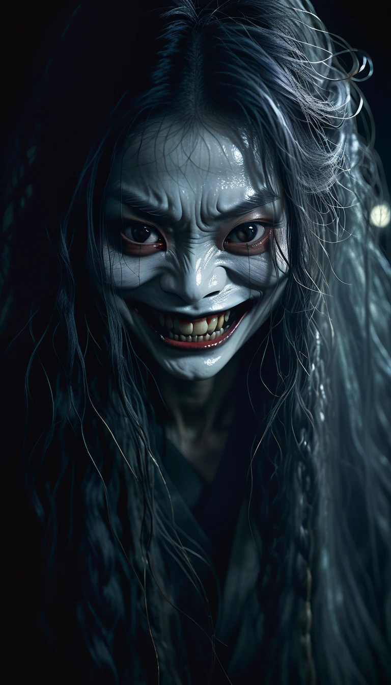 Ultra-detailed, master piece, (best quality:1.5), (high resolution:1.5),  (midnight: 1.5), Edo period, On a black background, a very scary and grotesque-looking woman has a ghostly face with long flowing hair, smiling evilly and scaring people. ,ultra-realistic, cinematic, high detail
, youkai, Japan, (Super Scary: 1.5), Japanese Horror, Hyper Realistic, Cinematic, Dark Ambient, Ominous Atmosphere, Realistic, Masterpiece