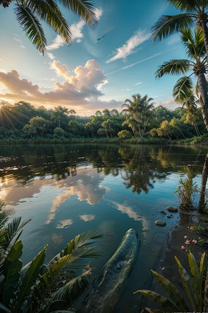 there is a hut on the bank of a clear river with trees in the foreground, wooden bridge crossing over tropical river, pagar kayu berwarna-warni di tepi sungai, land road, daun-daun kering bertebaran di land road, green grass, bunga-bunga berwarna-warni, tropical location, tropical paradise, beautiful tropical, tropical view, a beautiful place, tropical atmosphere, heaven in the background, beautiful river, showing the river at sunset, beautiful detailed scenery, beautiful wallpapers, tropical atmosphere, wallpaper hd, very beautiful scenery, photoshotgrafi potret, Cinematic, photoshot