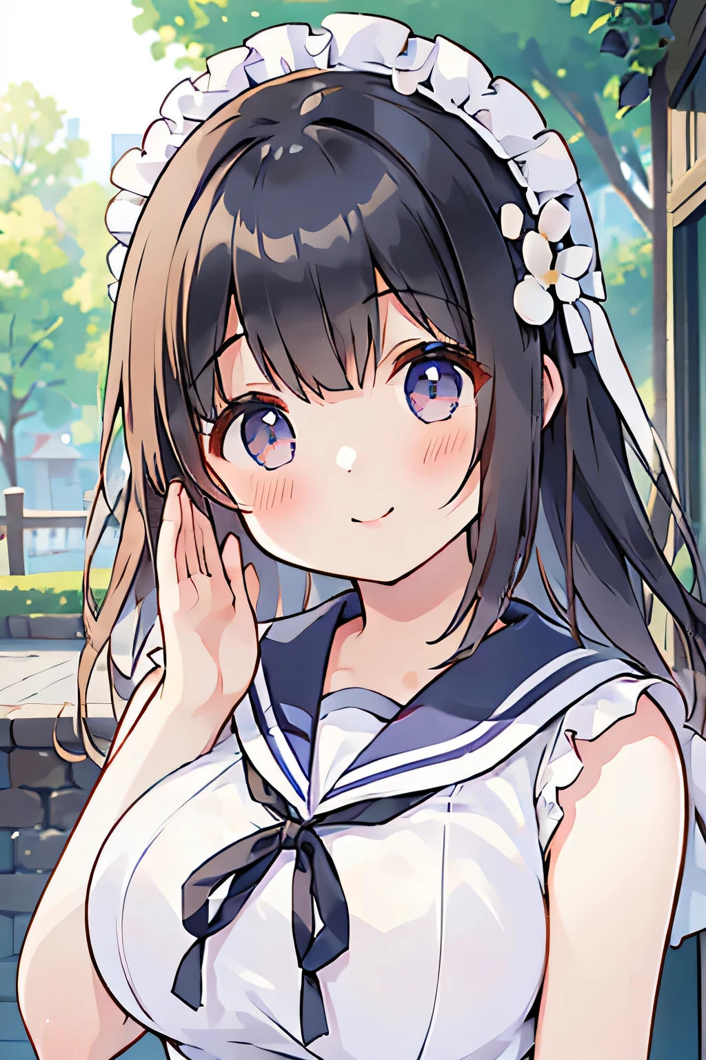Highest quality、High resolution、Detailed Background、(Beautiful face in every detail:1.4)、Anatomically correct、Normal number of fingers、(Detailed facial expressions)、(Detailed eyes:1.2)、age beauty、(Highly detailed face:1.4)、(Huge breasts:1.2)、Perfect body line、cute hair color、Wavy Hairstyle、cute hairstyle、well-groomed eyebrows、Sunny outdoors、smile、A fun atmosphere、Cute gestures、(Two girls with big smiles:1.5)、Sleeveless sheer sailor blouse、ribbon、cute