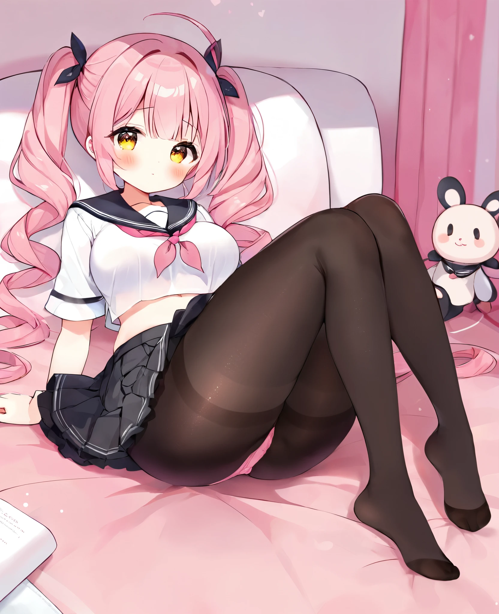 black pantyhose,li,sailor,skirt,cute,lying,,pink hair,twintails,,shy,medium breasts,panties under pantyhose