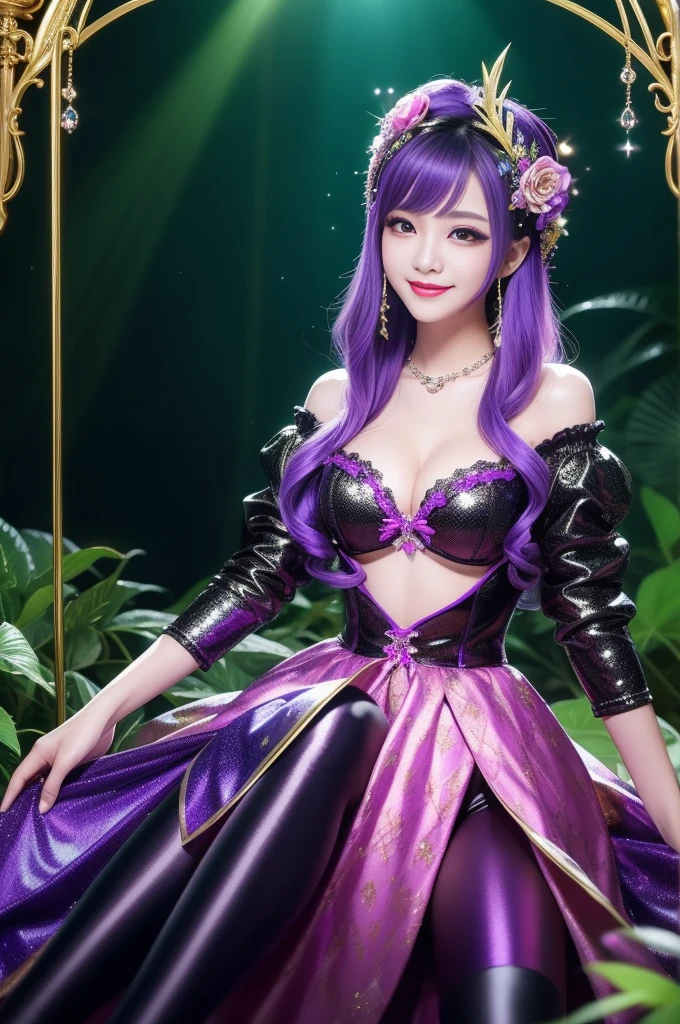 beautiful sexy woman who controls poison、lipgloss、intense makeup、look at the camera、full body Esbian、、sparkling poisoned flower costume、、、、sparkling Colorful hair、secrete poison、skull hair accessories, ultra detailed tights、shiny sparkling flowers background