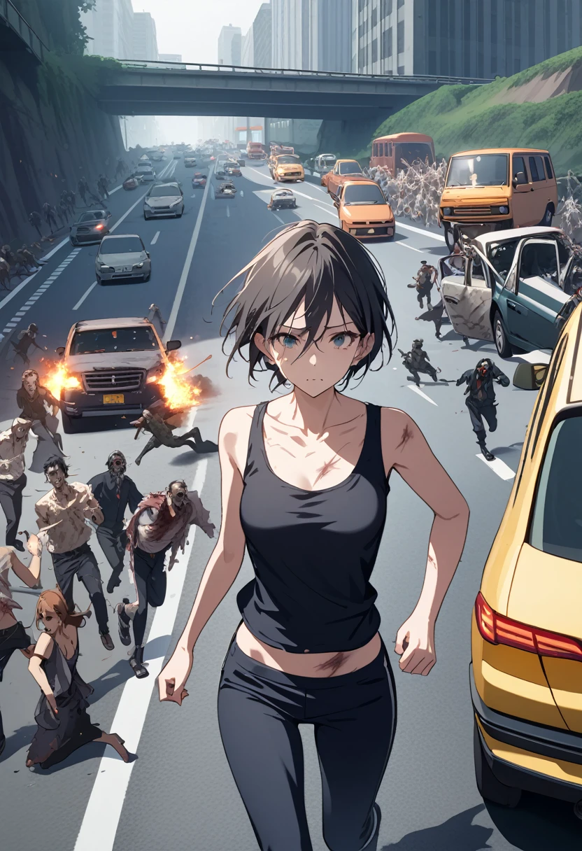 woman,spats,belly button,Tank top,slender,run away,Clothes are torn,Covered in scars,fear,Watery eye,Being chased by a large number of beautiful zombies,End of the World,Defects in the body,Expressway,traffic jam,Car accident,fire