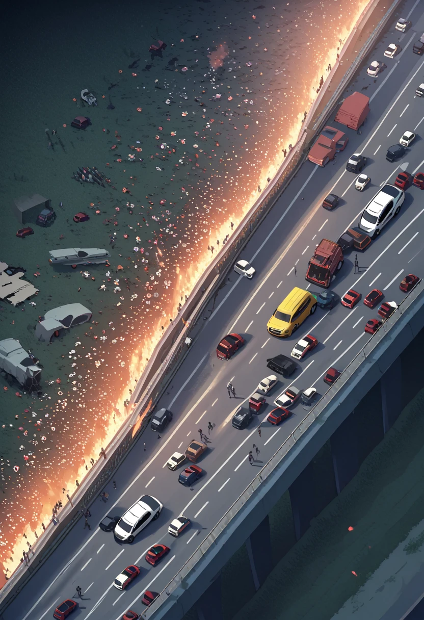 woman,spats,belly button,Tank top,slender,run away,Clothes are torn,Covered in scars,fear,Watery eye,Being chased by a large number of beautiful zombies,End of the World,Defects in the body,Expressway,traffic jam,Car accident,fire
