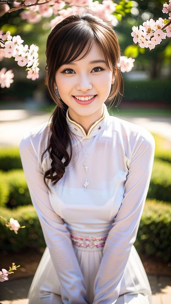 (a gorgeous lady, age 18, Vietnamese traditional dress Ao Dai, posing at Takada Castle Park Cherry Blossom, friendly expression, dimpled smile, cute snaggle-tooth, short hair ponytail, beautiful detailed face, beautiful detailed eyes, ample round bosom, photorealistic, hyper-realism, high contrast, ultra HD, realistic skin textures, top image quality, top-quality, super high resolution, fine details, very meticulously, masterpiece, head to knees, the Cowboy shot, romantic stunning, bokeh background)