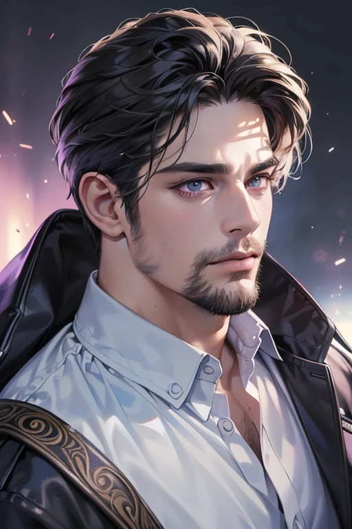 (best quality,4k,8k,highres,masterpiece:1.2),ultra-detailed,(realistic,photorealistic,photo-realistic:1.37),30 year old man,3 day beard,handsome anime,portraits,strong,masculine,dark hair,sharp jawline,mesmerizing purple eyes,perfectly styled hair,cool anime outfit,confident expression,vibrant colors,dynamic lighting