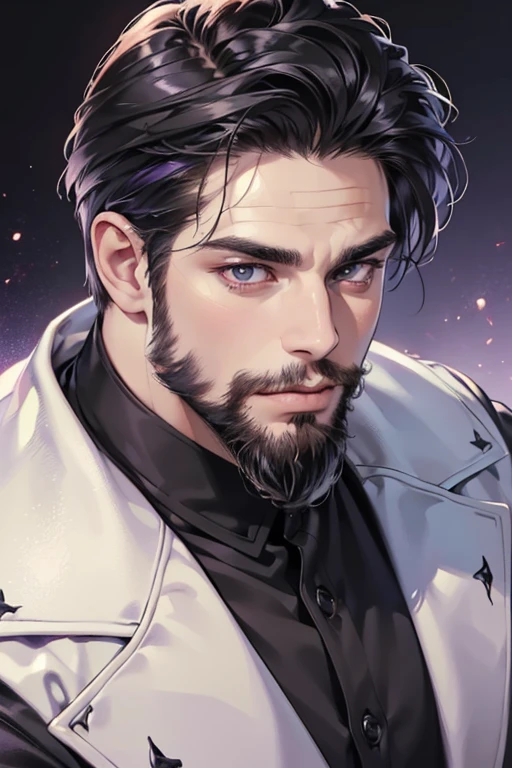 (best quality,4k,8k,highres,masterpiece:1.2),ultra-detailed,(realistic,photorealistic,photo-realistic:1.37),30 year old man,3 day beard,handsome anime,portraits,strong,masculine,dark hair,sharp jawline,mesmerizing purple eyes,perfectly styled hair,cool anime outfit,confident expression,vibrant colors,dynamic lighting