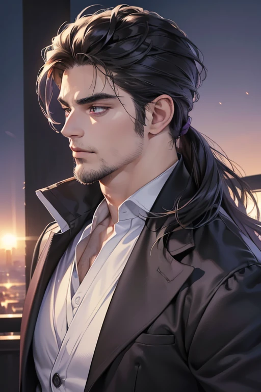 (best quality,4k,8k,highres,masterpiece:1.2),ultra-detailed,(realistic,photorealistic,photo-realistic:1.37),30 year old man,3 day beard,handsome anime,portraits,strong,masculine,dark hair,sharp jawline,mesmerizing purple eyes,perfectly styled hair,cool anime outfit,confident expression,vibrant colors,dynamic lighting