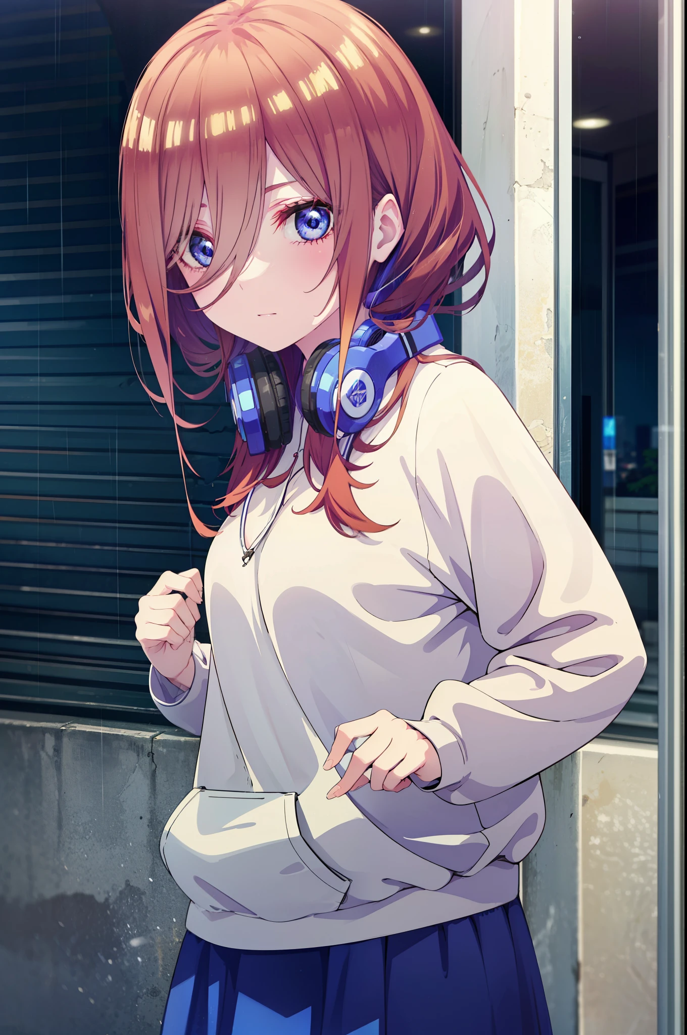 miku nakano, Nakano Miku Ticket III, Long Hair, bangs, blue eyes, Brown Hair, Hair between the eyes,Headphones around neck,Oversized blue hoodie,Long skirt,sneakers,rain,Hiding in a roofed building,Standing with my back against the wall,whole bodyがイラストに入るように,
break outdoors, Alley,
break looking at viewer, whole body,
break (masterpiece:1.2), Highest quality, High resolution, unity 8k wallpaper, (figure:0.8), (Beautiful attention to detail:1.6), Highly detailed face, Perfect lighting, Highly detailed CG, (Perfect hands, Perfect Anatomy),