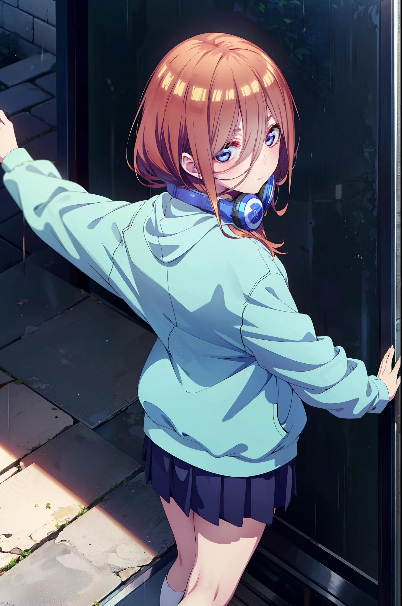 miku nakano, Nakano Miku Ticket III, Long Hair, bangs, blue eyes, Brown Hair, Hair between the eyes,Headphones around neck,Oversized blue hoodie,Long skirt,sneakers,rain,Hiding in a roofed building,Standing with my back against the wall,whole bodyがイラストに入るように,
break outdoors, Alley,
break looking at viewer, whole body,
break (masterpiece:1.2), Highest quality, High resolution, unity 8k wallpaper, (figure:0.8), (Beautiful attention to detail:1.6), Highly detailed face, Perfect lighting, Highly detailed CG, (Perfect hands, Perfect Anatomy),