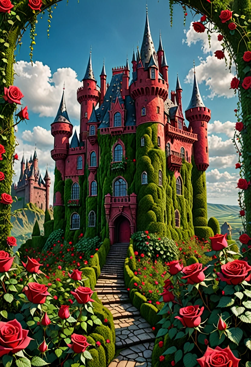 A fantastical image of a reddish castle surrounded by ultra sharp and prickly brambles with scarlet roses on them. Very detailed, UHD, masterpiece