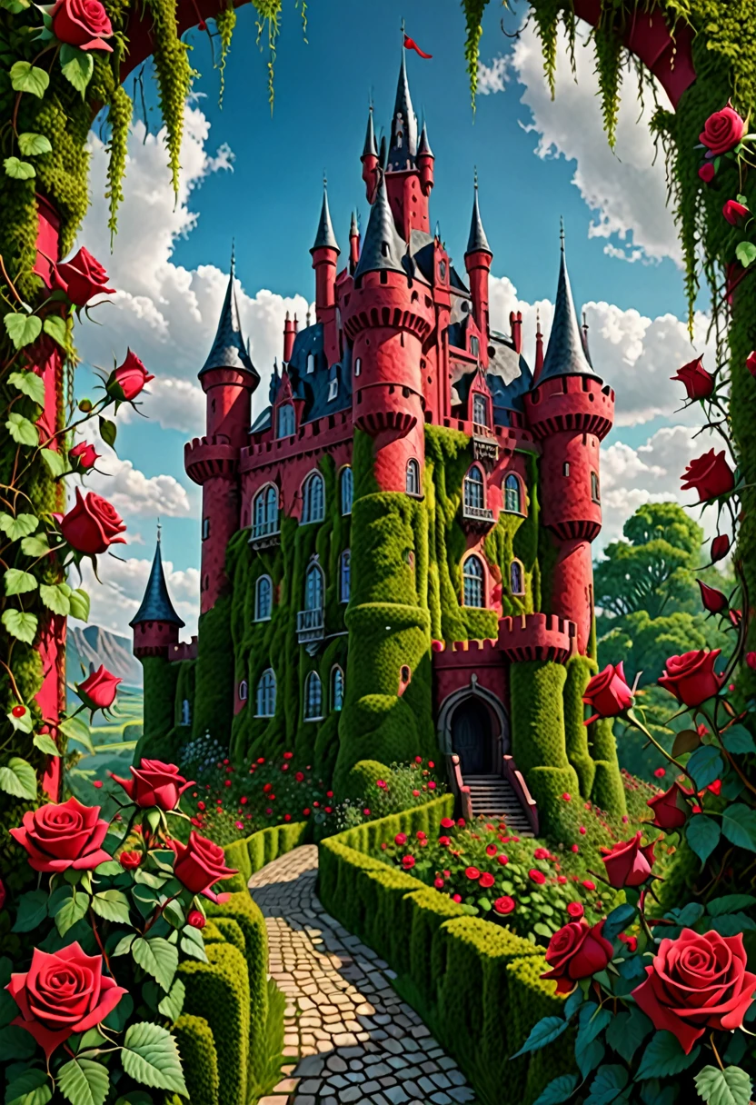 A fantastical image of a reddish castle surrounded by ultra sharp and prickly brambles with scarlet roses on them. Very detailed, UHD, masterpiece