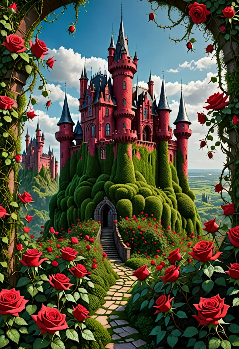 A fantastical image of a reddish castle surrounded by ultra sharp and prickly brambles with scarlet roses on them. Very detailed, UHD, masterpiece