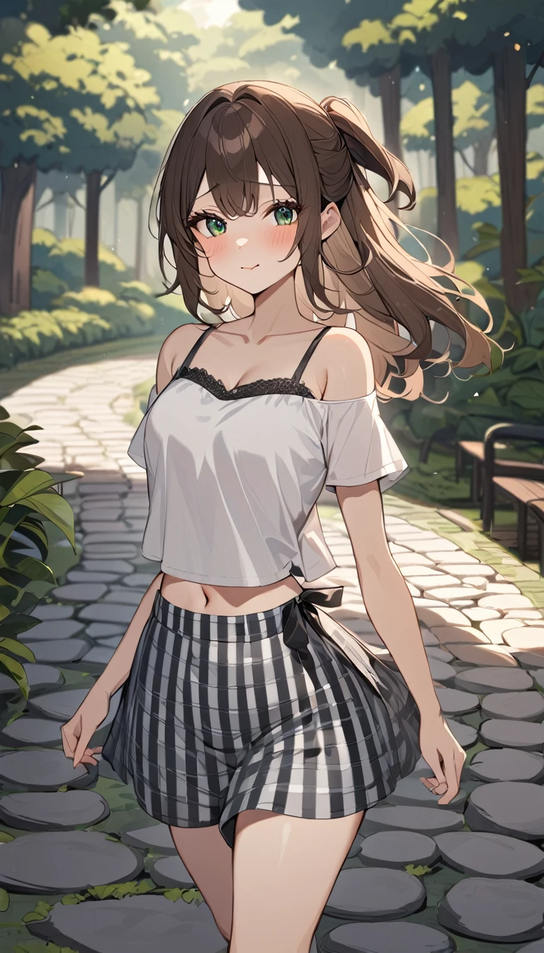 masterpiece, Highest quality，Cute doodles，One Girl，Cute face, Red cheeks and nose, , Brown Hair, Silky long hair, White T-shirt, Gingham check culottes skirt, The straps of her black camisole are visible.，Navel, Very short stature，Hands Behind Back, Walking，Rainforest Garden Walkway, Dark green, Cobblestone promenade, The background is blurred