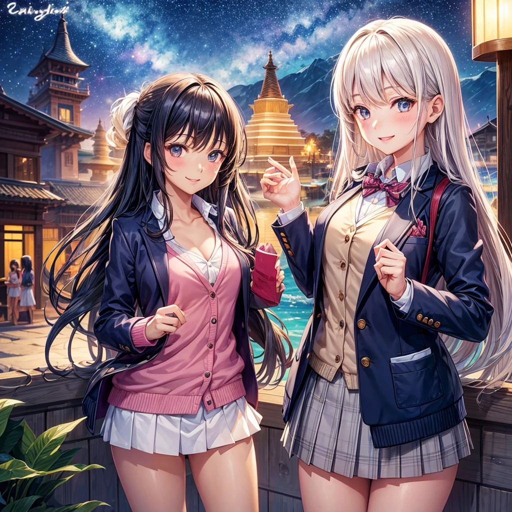 best quality，，smile，blazer，swimsuit，nepal，middle School girlultiple girls are depicted,harem，idol group，starry sky background，photo shoot，long hair，wearing a cardigan，beautiful girlの国，girl&#39;s paradise，highest quality，big breasts，leather jacket，happy girl,horny girl，blue eyes，perfect face，standing position，She has her bangs down，fur jacket,Beautiful eyes，smooth hair，perfect eyes，beautiful girl，Angel Girl，multicolored hair colors，naughty girl，beautiful，High-dimensional beautiful girl，Multidimensional beautiful girl，gathering，Group、，classroom，School，