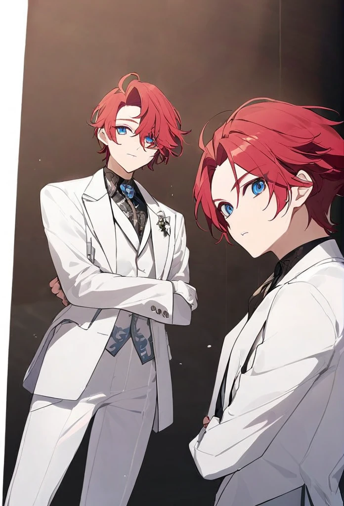 boy, red hair, blue eyes, white suit, white tuxedo