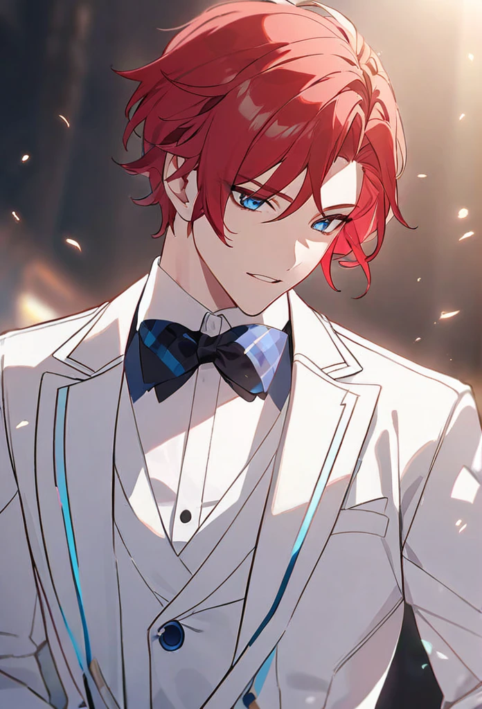 boy, red hair, blue eyes, white suit, white tuxedo