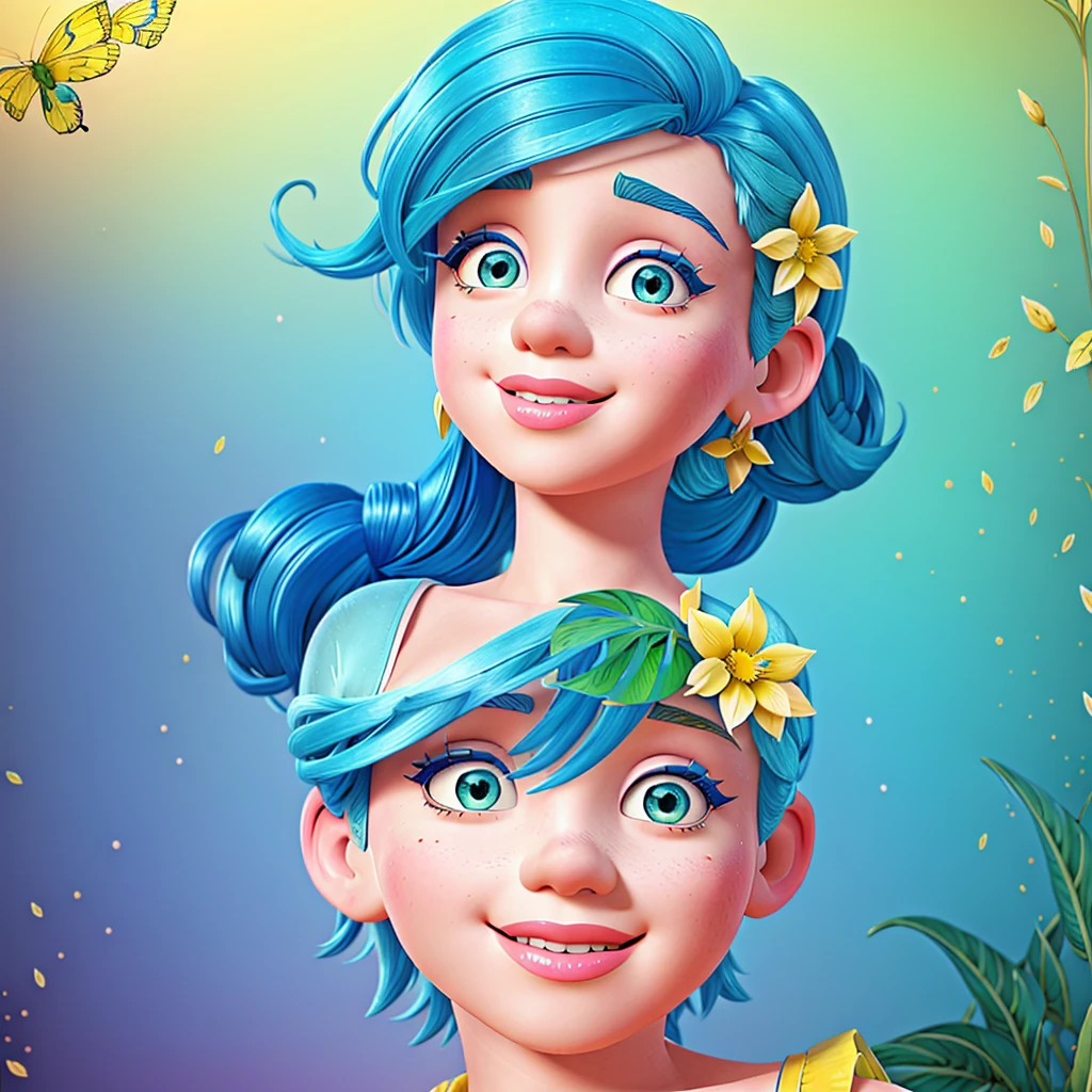 Girl with blue hair, yellow skin and blue dress. Marilyn Monroe, vintage style, hyper detailed with botanical elements, line designer, Digital illustration, heavy ink, Maximalist botany. A beautiful and aesthetically pleasing illustrative masterpiece, post-editing with Topaz