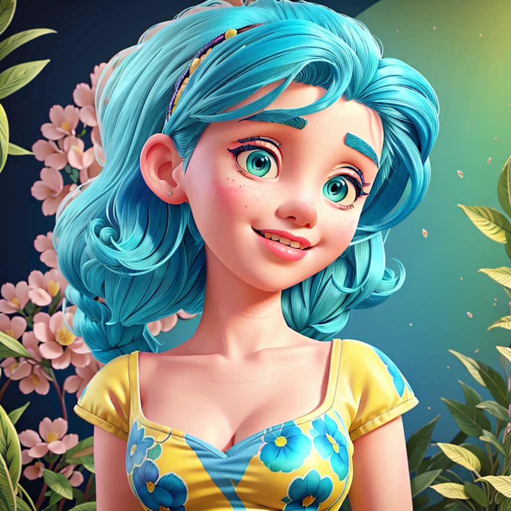Girl with blue hair, yellow skin and blue dress. Marilyn Monroe, vintage style, hyper detailed with botanical elements, line designer, Digital illustration, heavy ink, Maximalist botany. A beautiful and aesthetically pleasing illustrative masterpiece, post-editing with Topaz