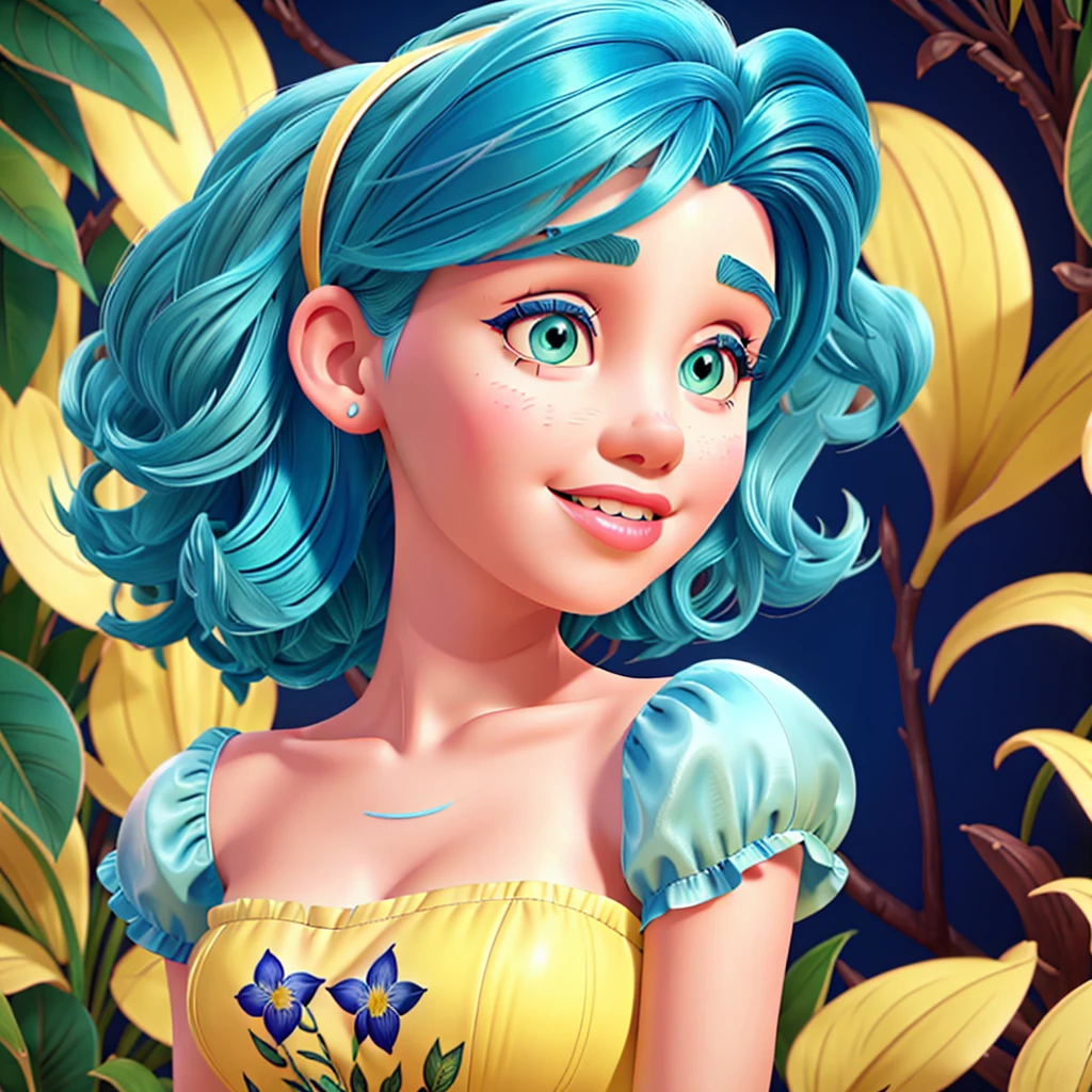 
Girl with blue hair, yellow skin and blue dress. Marilyn Monroe, vintage style, hyper detailed with botanical elements, line designer, Digital illustration, heavy ink, Maximalist botany. A beautiful and aesthetically pleasing illustrative masterpiece, post-editing with Topaz 