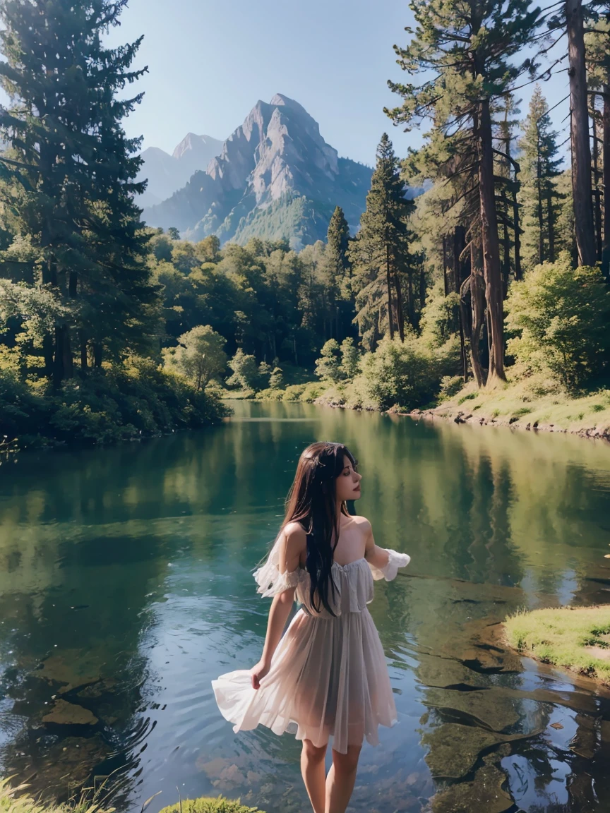 (masterpiece), (realistically), (Best quality), Young beautiful girl,full length, a slim body, Beautiful face, face to screen, minimum clothing, Short dress, fantastic landscape, the forest, fantastic mountains, distant lake,Beautiful setting, Tranquil environment, early morning light, enchanting and otherworldly, lost in a dreamy fairytale landscape, many colors, colorful birds on the trees, there is a jaguar nearby, girl in the clearing