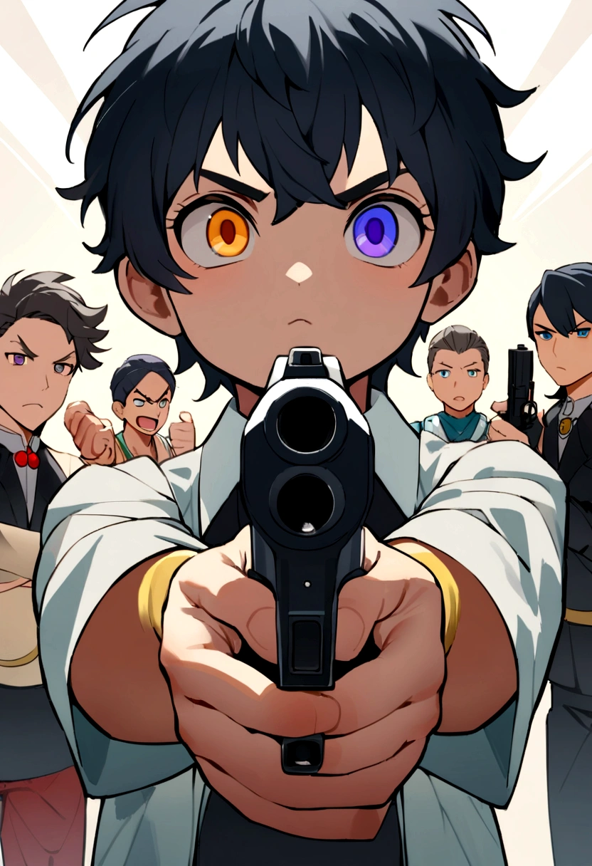 Chico de seXo mascullino de la edad de 12 años con el derecho color negro con una "X" color eye in the center and purple left eye, blue-black hair dressed like a little boy and with a gun in his hands pointing in front