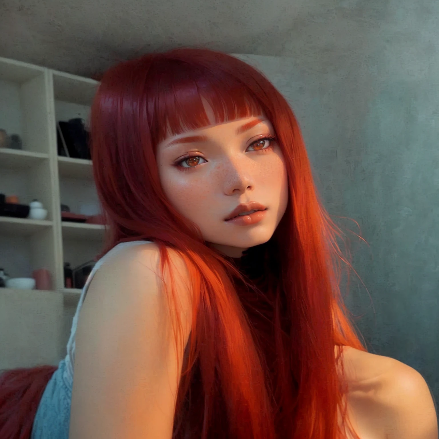 there is a woman with red hair posing for a picture, lalisa manobal, she has long redorange hair, with long red hair, with red hair, belle delphine, long glowing red hair, asuka, red colored, red glowing hair, the hime cut, portrait of asuka langley soryu, long hair with bangs, wenfei ye