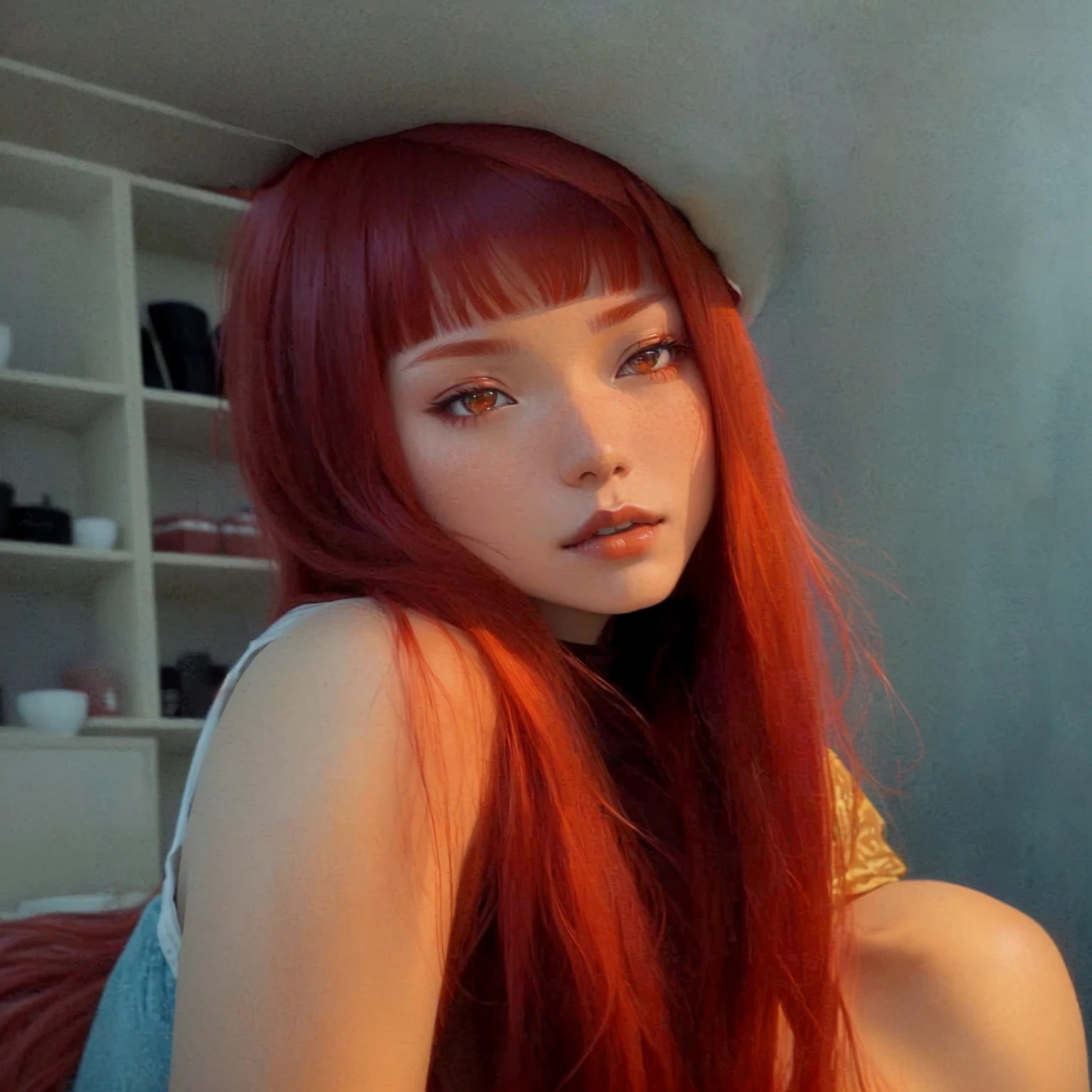 there is a woman with red hair posing for a picture, lalisa manobal, she has long redorange hair, with long red hair, with red hair, belle delphine, long glowing red hair, asuka, red colored, red glowing hair, the hime cut, portrait of asuka langley soryu, long hair with bangs, wenfei ye