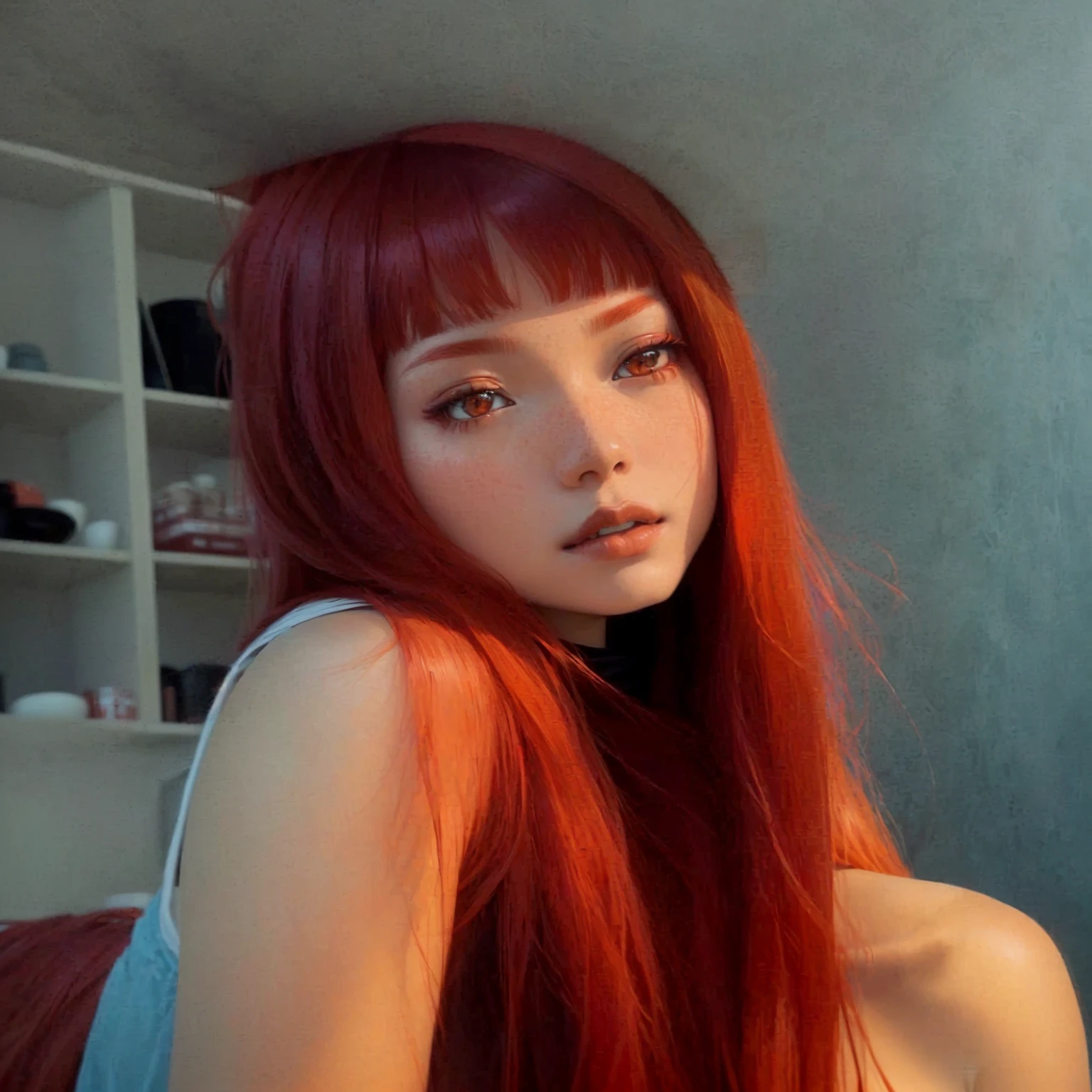 there is a woman with red hair posing for a picture, lalisa manobal, she has long redorange hair, with long red hair, with red hair, belle delphine, long glowing red hair, asuka, red colored, red glowing hair, the hime cut, portrait of asuka langley soryu, long hair with bangs, wenfei ye