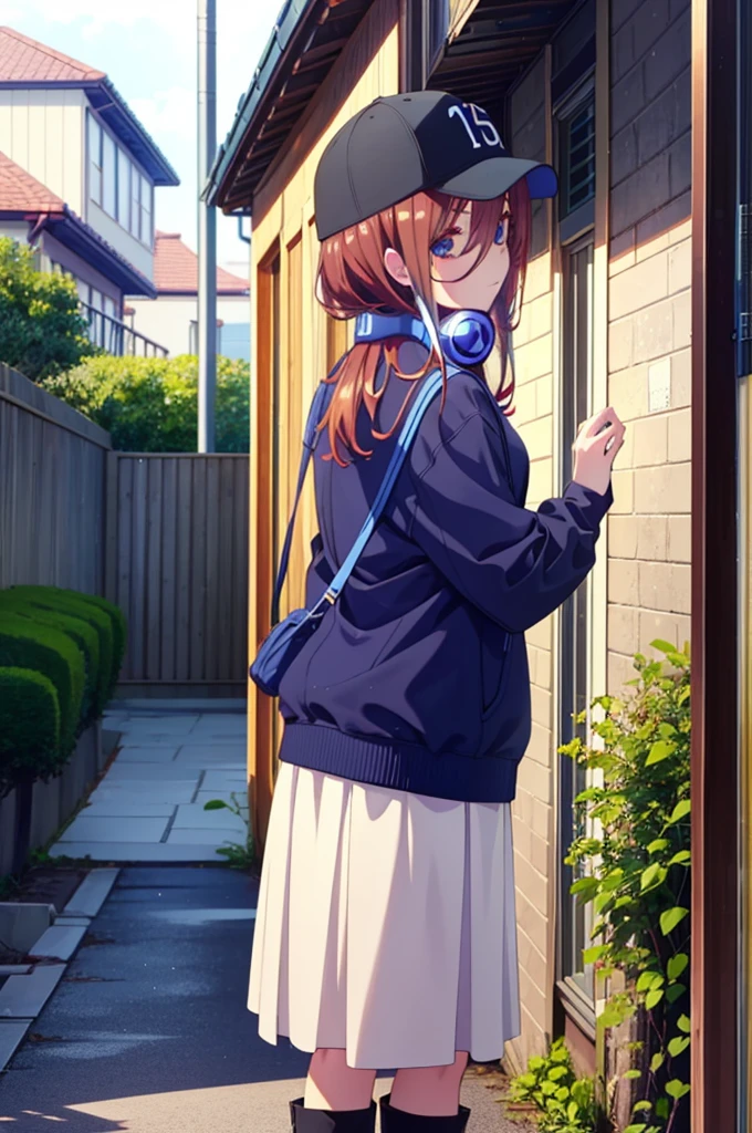miku nakano, Nakano Miku Ticket III, Long Hair, bangs, blue eyes, Brown Hair, Hair between the eyes,Baseball hats,Headphones around neck,Oversized blue hoodie,Long skirt,short boots,rain,Hiding in a roofed building,Standing with my back against the wall,whole bodyがイラストに入るように,
break outdoors, Alley,
break looking at viewer, whole body,
break (masterpiece:1.2), Highest quality, High resolution, unity 8k wallpaper, (figure:0.8), (Beautiful attention to detail:1.6), Highly detailed face, Perfect lighting, Highly detailed CG, (Perfect hands, Perfect Anatomy),