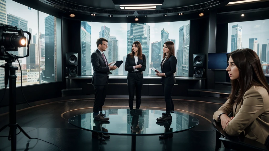 In a modern news studio, two men and a woman, prepare to tackle the controversial topic of the day. Alex, an experienced journalist, believes in an objective approach and facts. Meanwhile, Maya, a talented commentator, prefers to delve into emotions and personal points of view.