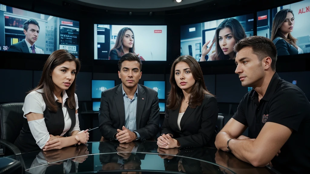 In a modern news studio, two men and a woman, prepare to tackle the controversial topic of the day. Alex, an experienced journalist, believes in an objective approach and facts. Meanwhile, Maya, a talented commentator, prefers to delve into emotions and personal points of view.